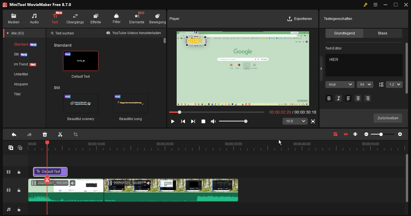 MiniTool MovieMaker-Oberfläche zeigt, wie eine Beschriftung zu einem Video hinzugefügt wird.