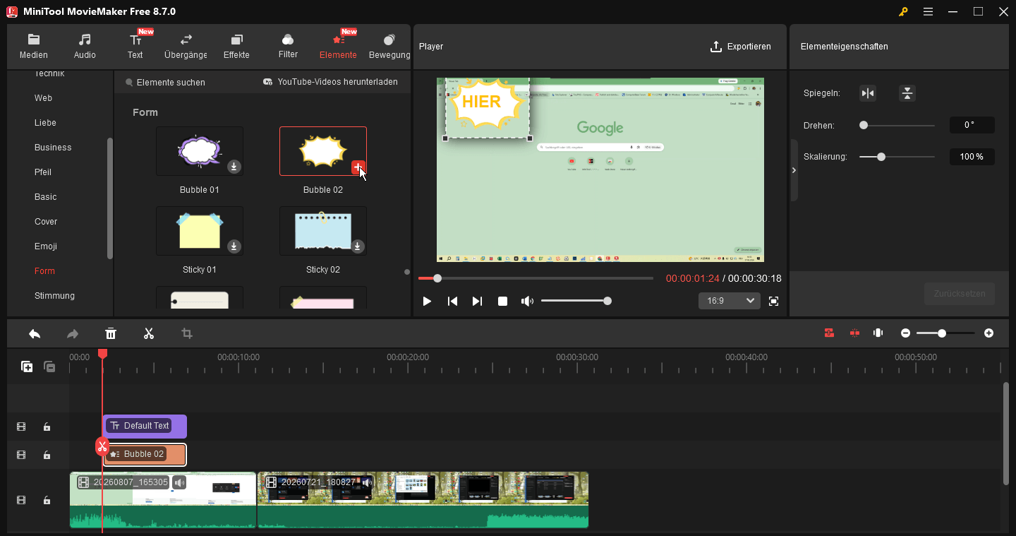 MiniTool MovieMaker-Oberfläche zeigt, wie eine Form zu einem Video hinzugefügt wird.
