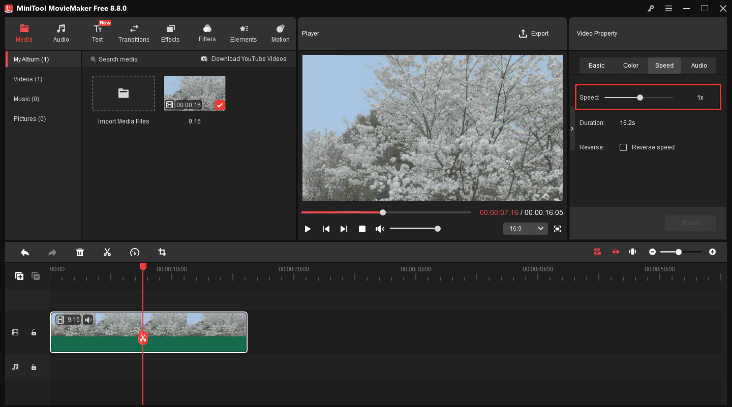 MiniTool MovieMaker interface with the selected Speed slider on the right panel.