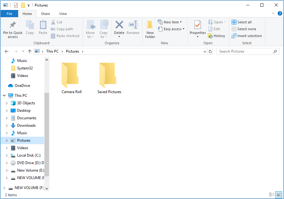 Camera Roll and Saved Pictures folder under the Pictures tab in Windows Explorer