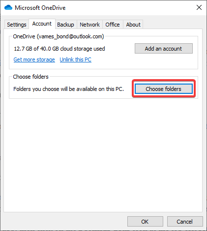 Microsoft OneDrive app window with the Choose folders option selected