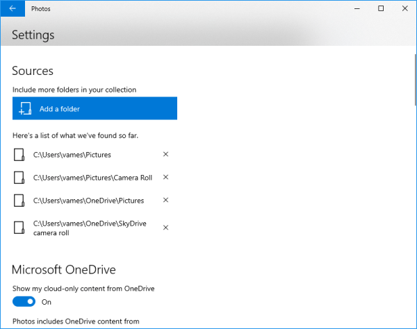 Microsoft Photos Sources Settings page with the Add a folder option highlighted
