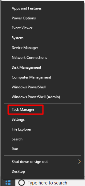 Windows Start menu expanded with the Task Manager option selected