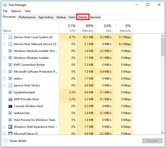 Windows Task Manager window with the Details option selected on the top menu