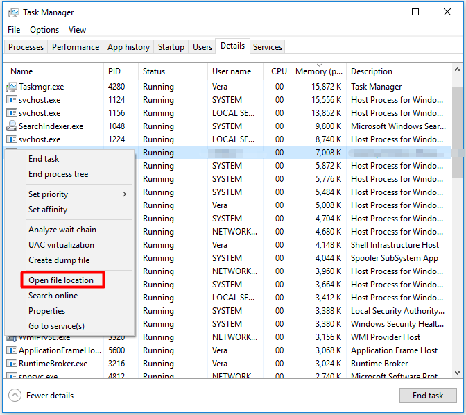 Windows Task Manager Details tab with the Open file location selected for the most resource-consuming Discord task