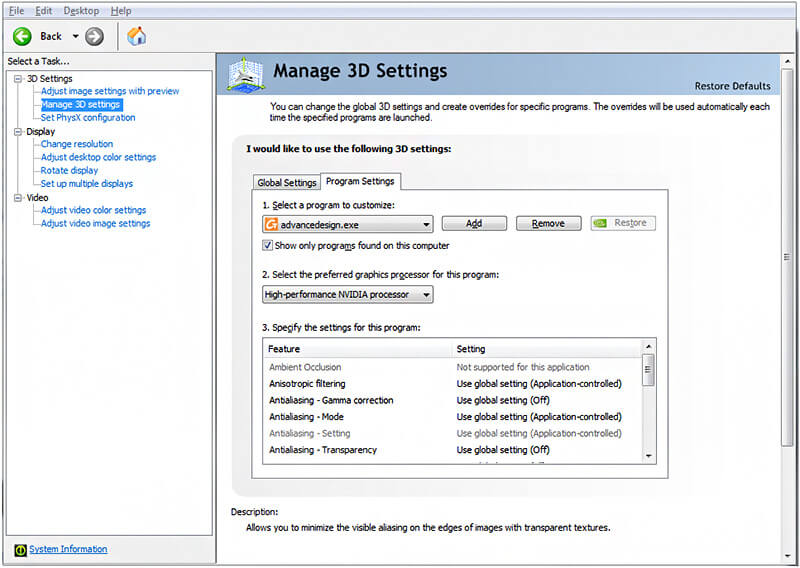 The Program Settings tab under the NVIDIA Control Panel Manage 3D Settings page 