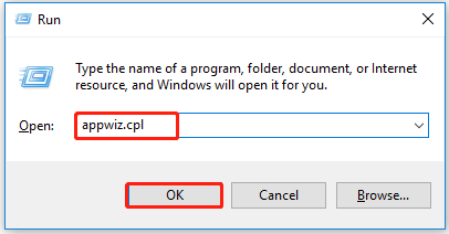 Windows Run box with the appwiz.cpl code typed in
