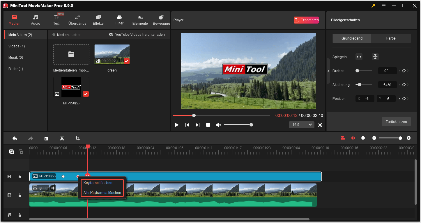 Die Benutzeroberfläche von MiniTool MovieMaker mit der hervorgehobenen Option „Keyframe löschen“ auf der Zeitleiste.