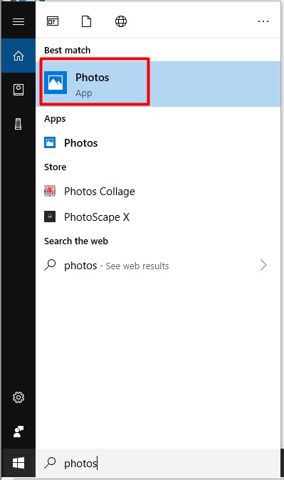 Searching for Microsoft Photos app on Windows