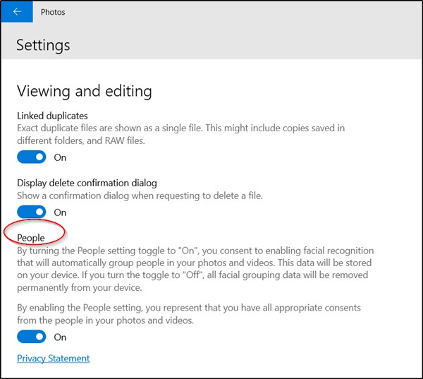 Microsoft Photos Settings page showing the People option is on