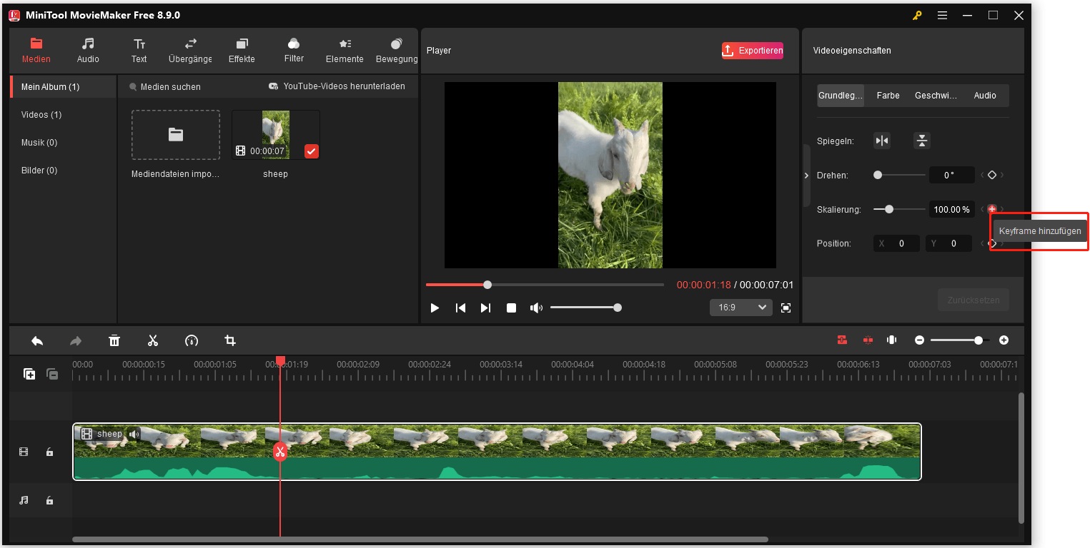 MiniTool MovieMaker Benutzeroberfläche mit ausgewähltem Symbol Keyframe hinzufügen neben Skalieren im Fenster Videoeigenschaften.