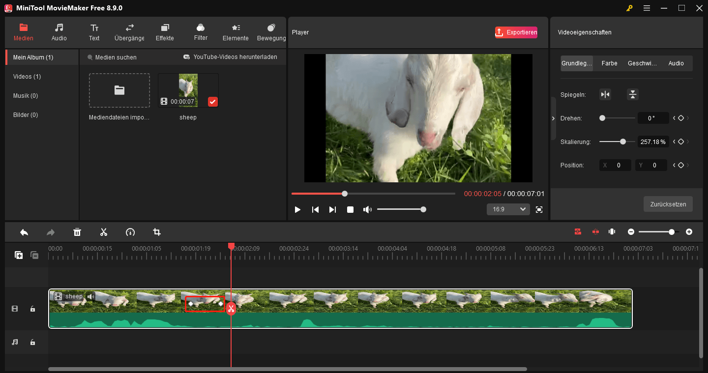 MiniTool MovieMaker Benutzeroberfläche zeigt ein Video in der Zeitleiste mit zwei ausgewählten Keyframes.