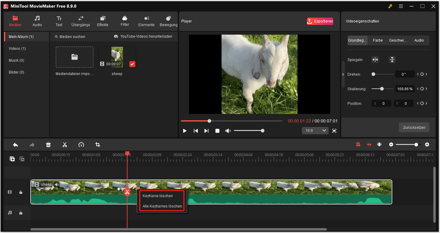 MiniTool MovieMaker Benutzeroberfläche mit hervorgehobenen Optionen Keyframe löschen und Alle Keyframes löschen in der Zeitleiste.