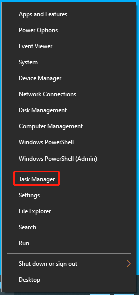Windows Start menu expanded with the Task Manager option selected