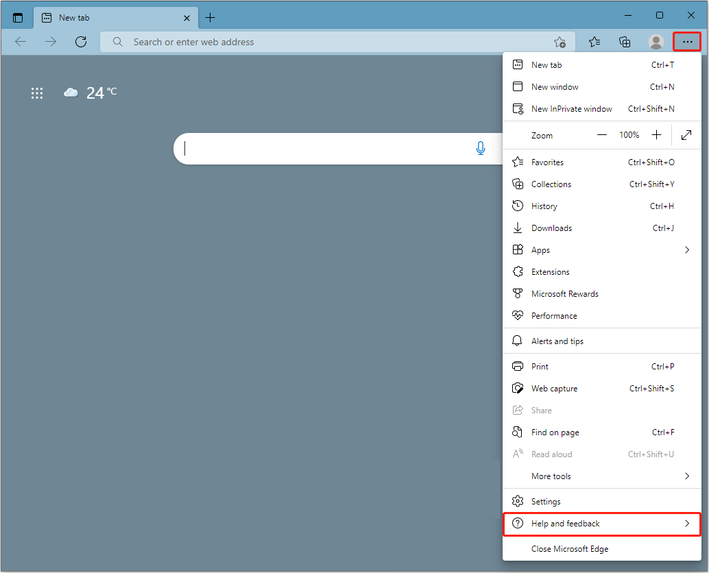 Microsoft Edge page showing how to access its Help and feedback