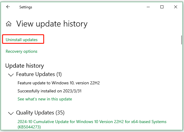 Windows Settings View update history page with the Uninstall updates selected