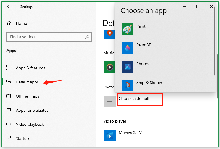 Windows Settings window showing how to select a default Photo app