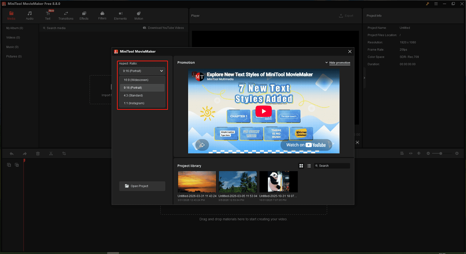MiniTool MovieMaker interface showing how to select the aspect ratio for the project