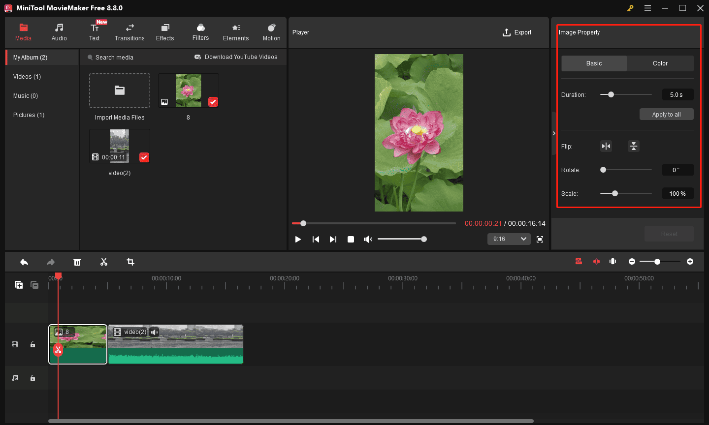 MiniTool MovieMaker interface with the selected Image Property section on the right panel