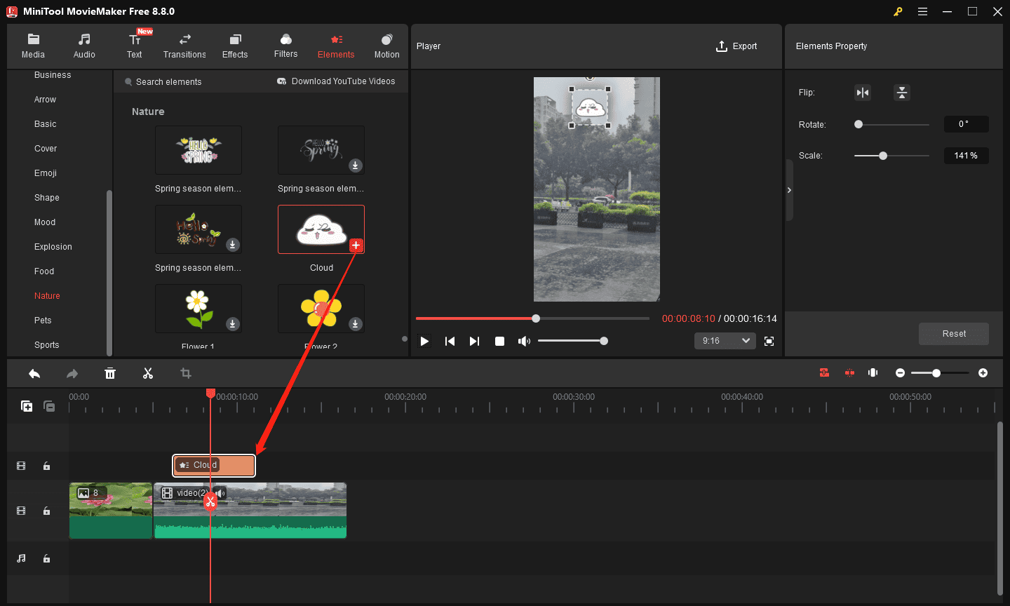 MiniTool MovieMaker interface showing how to add an animated sticker to the timeline