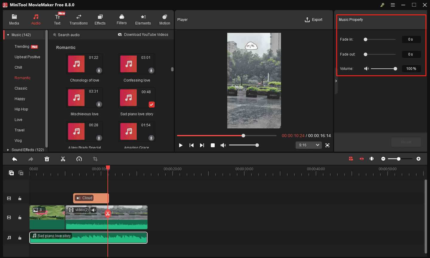 MiniTool MovieMaker interface with the highlighted Music Property section on the right panel