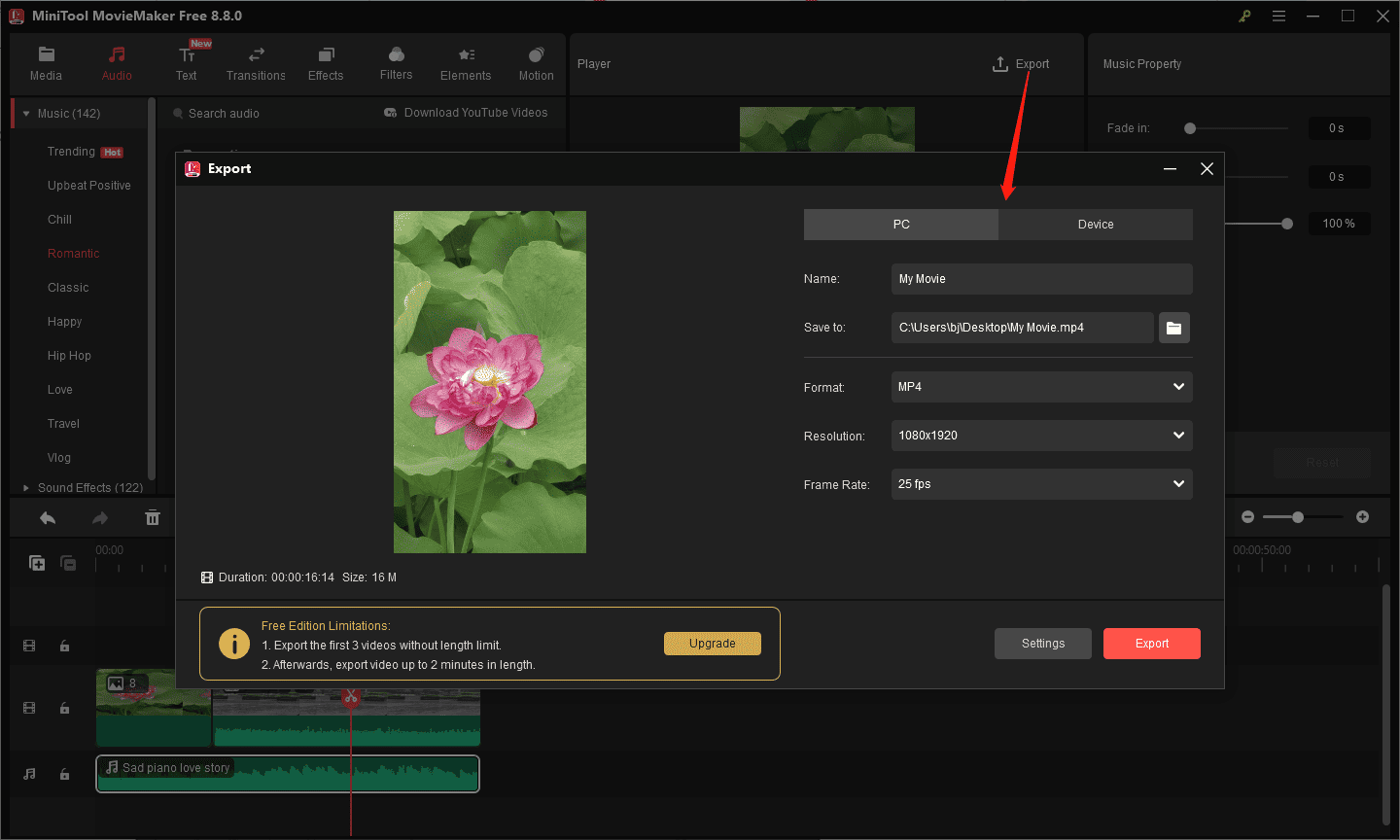 MiniTool MovieMaker interface showing how to open the Export window
