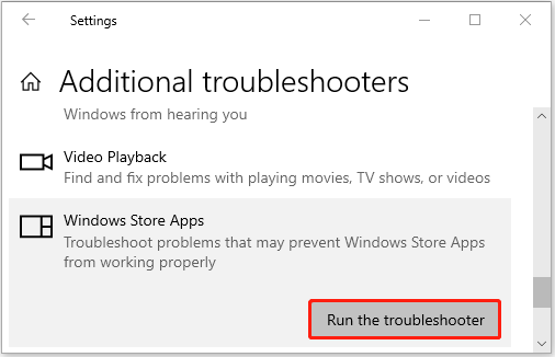 Windows Settings Additional troubleshooters page with the Run the troubleshooter option selected