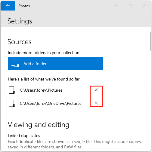 Microsoft Photos app Settings apge showing how to remove its source files
