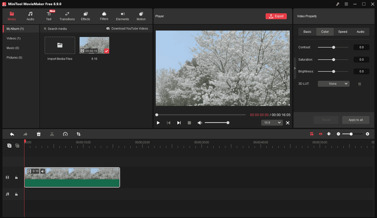 MiniTool MovieMaker interface with the expanding color tab on the right side