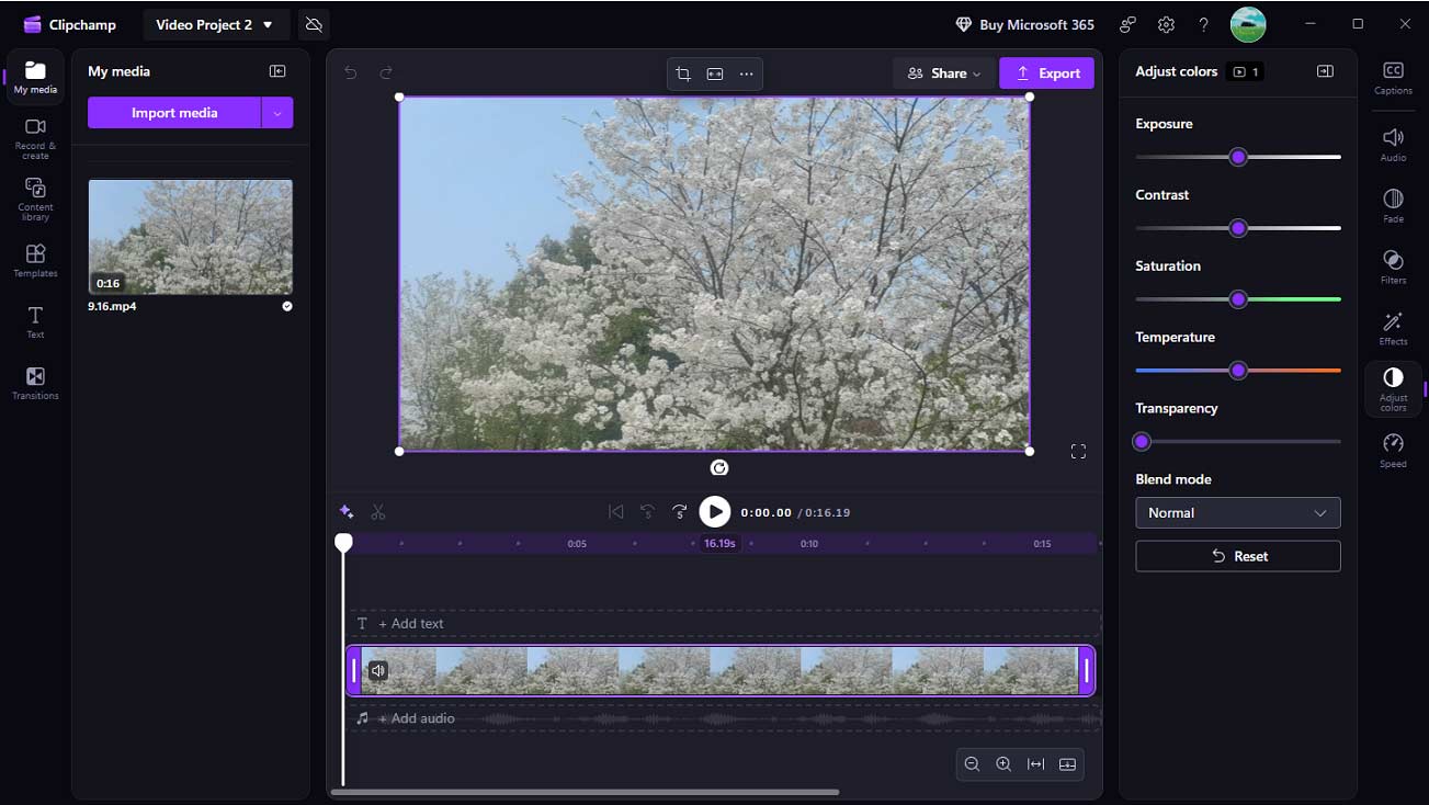 Microsoft Clipchamp interface with the expanding Adjust colors tab on the right side