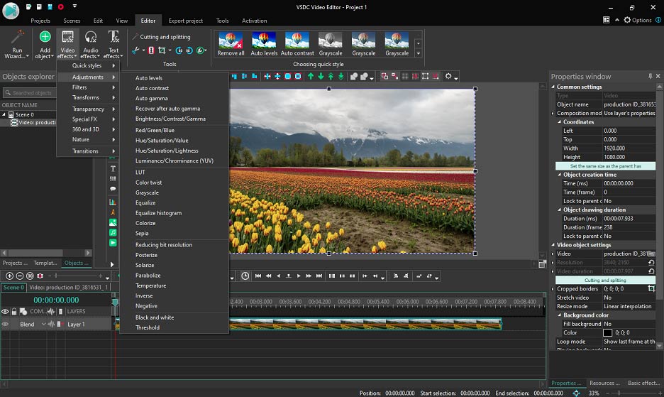 VSDC Free Video Editoer interface showing how to apply adjustments to the clips