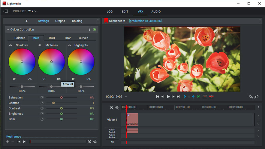 Lightworks interface with the Colour Coorection panel on the left side