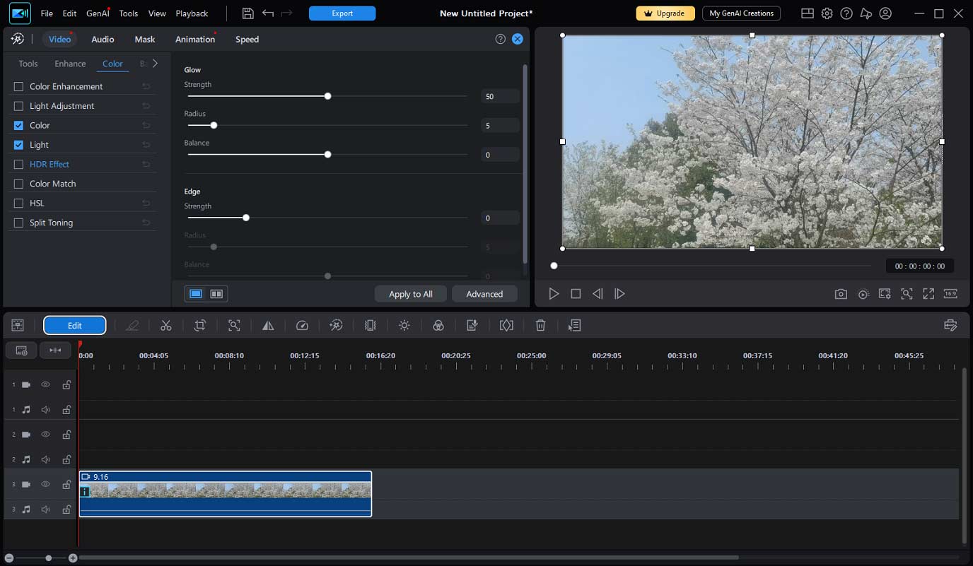 PowerDirector interface showing the Color and Light adjsutment tools on the left side