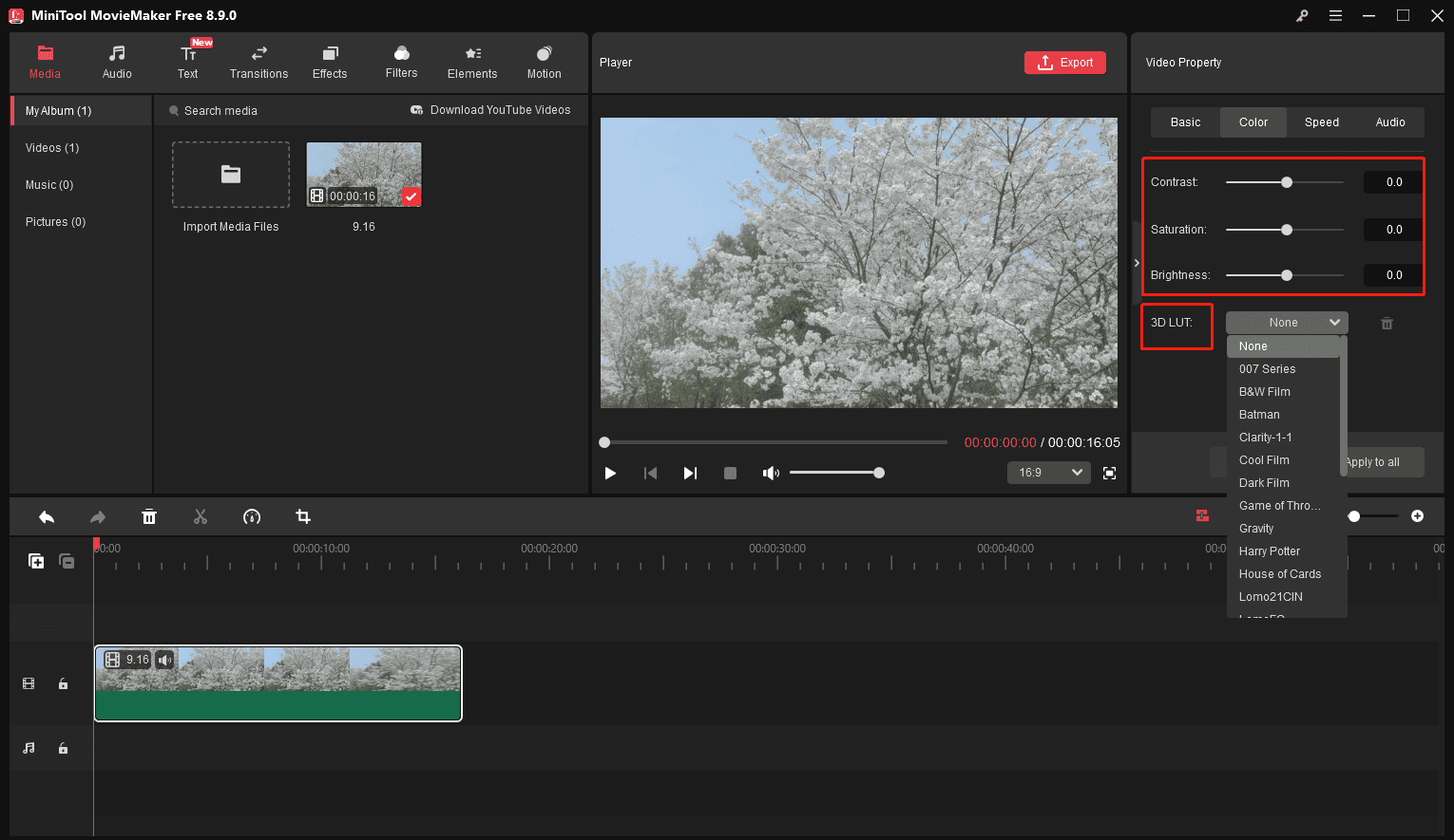 MiniTool MovieMaker interface with the selected color adjustment tools and 3D LUT sections