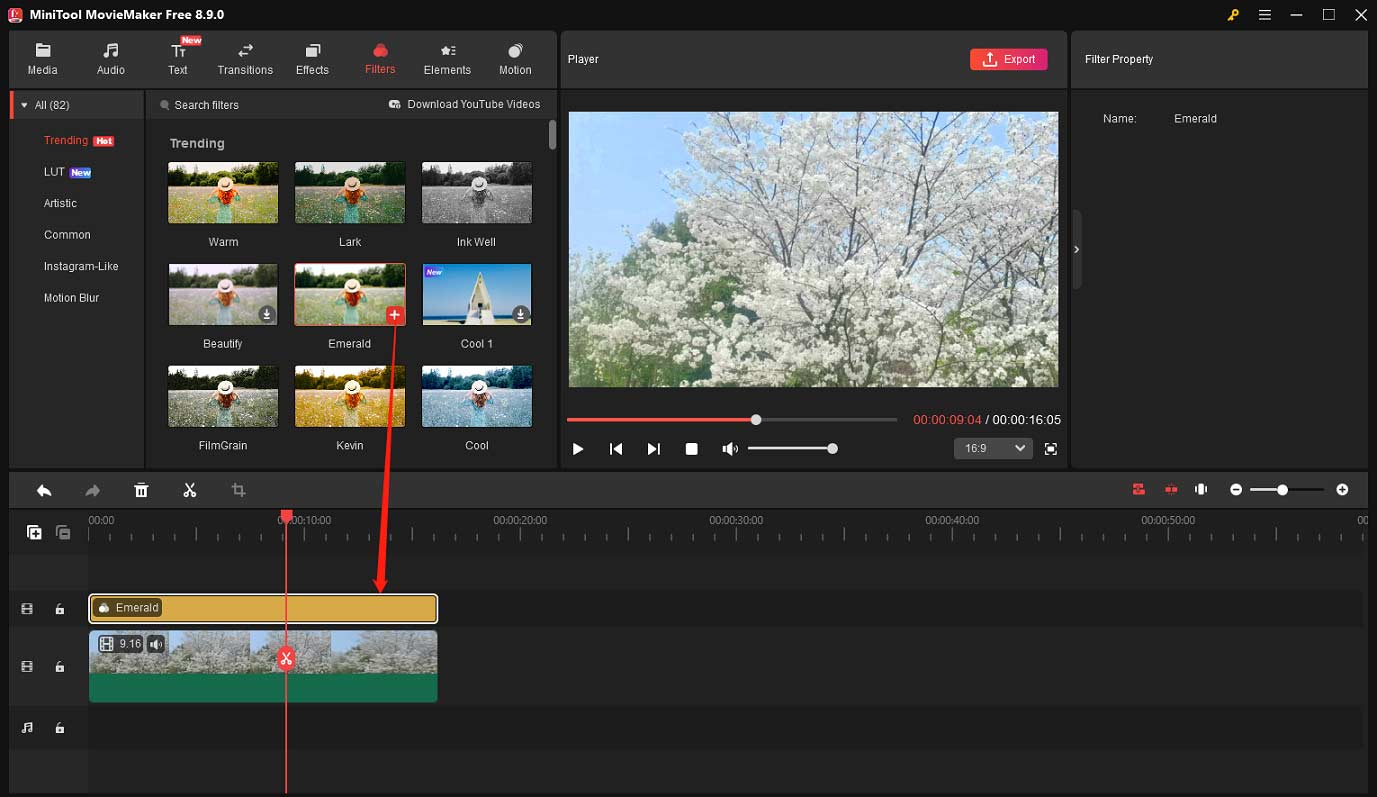 MiniTool MovieMaker interface showing how to add a filter to the video