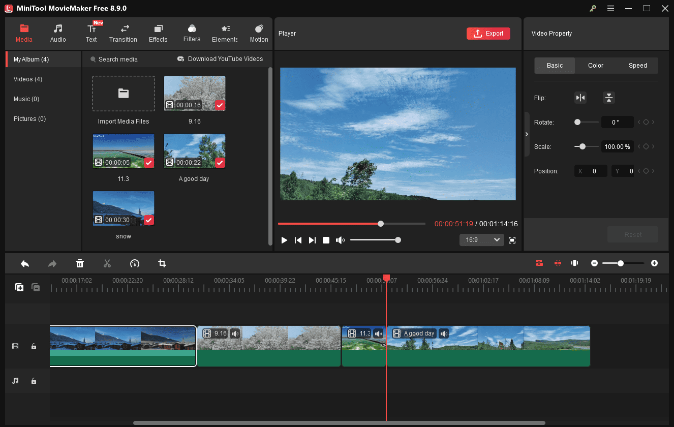 MiniTool MovieMaker interface showing four video clips on the timeline.