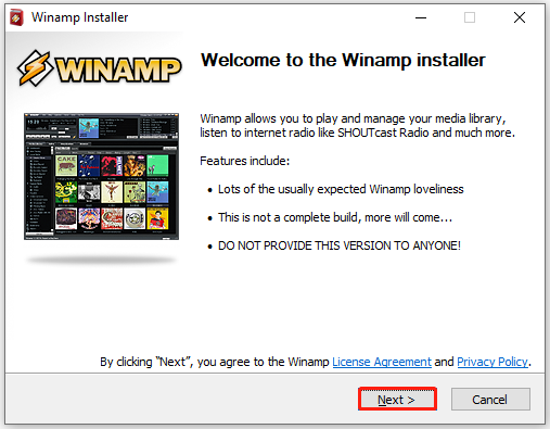 Winamp installer welcome page with the Next option selected.