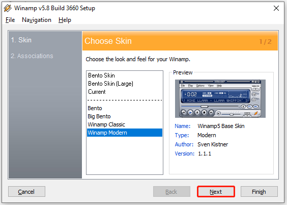 Winamp installer choose skin page with the Winamp Modern selected and the Next button selected.