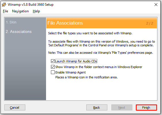 Winamp installer File Associations page with the Finish option selected.