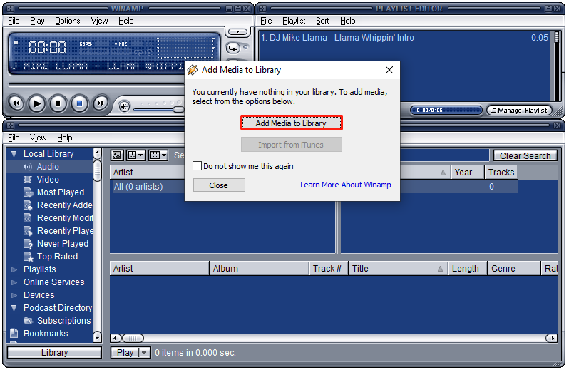 Winamp software UI with the Add Media to Library button selected within the Add Media to Library popup.