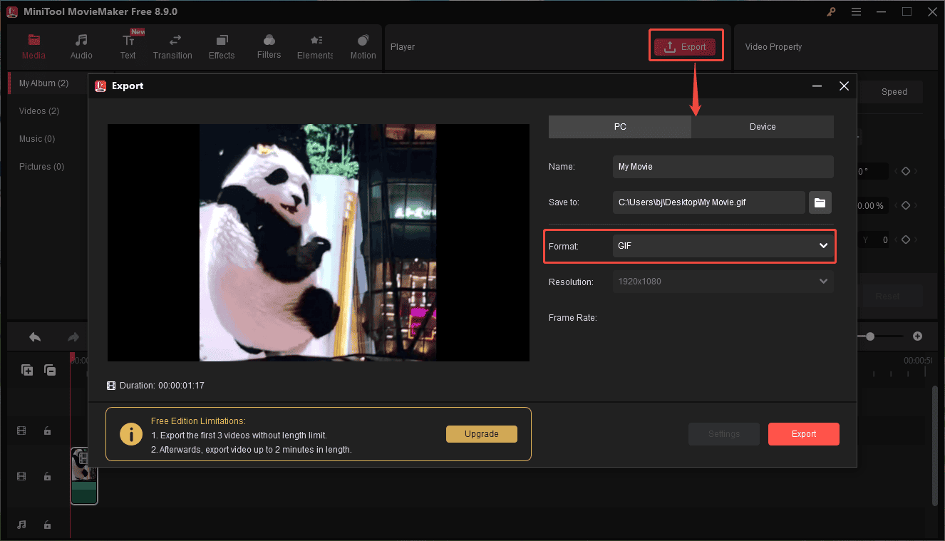 MiniTool MovieMaker interface showing how to export a GIF.