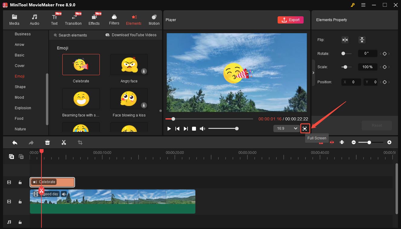 MiniTool MovieMaker interface with the selected Full Screen icon below the preview window.