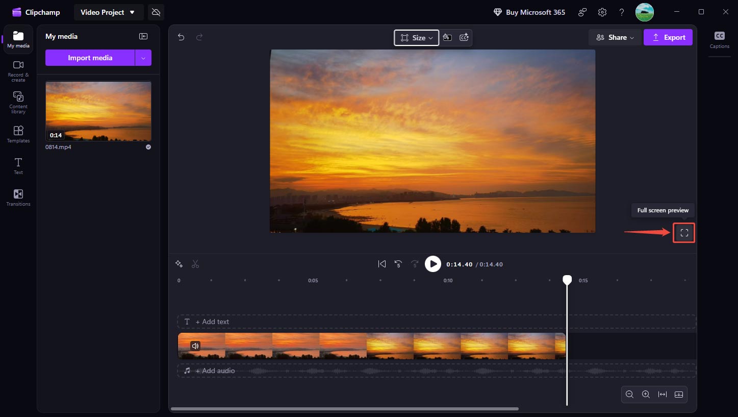 Microsoft Clipchamp interface with the selected full screen button.