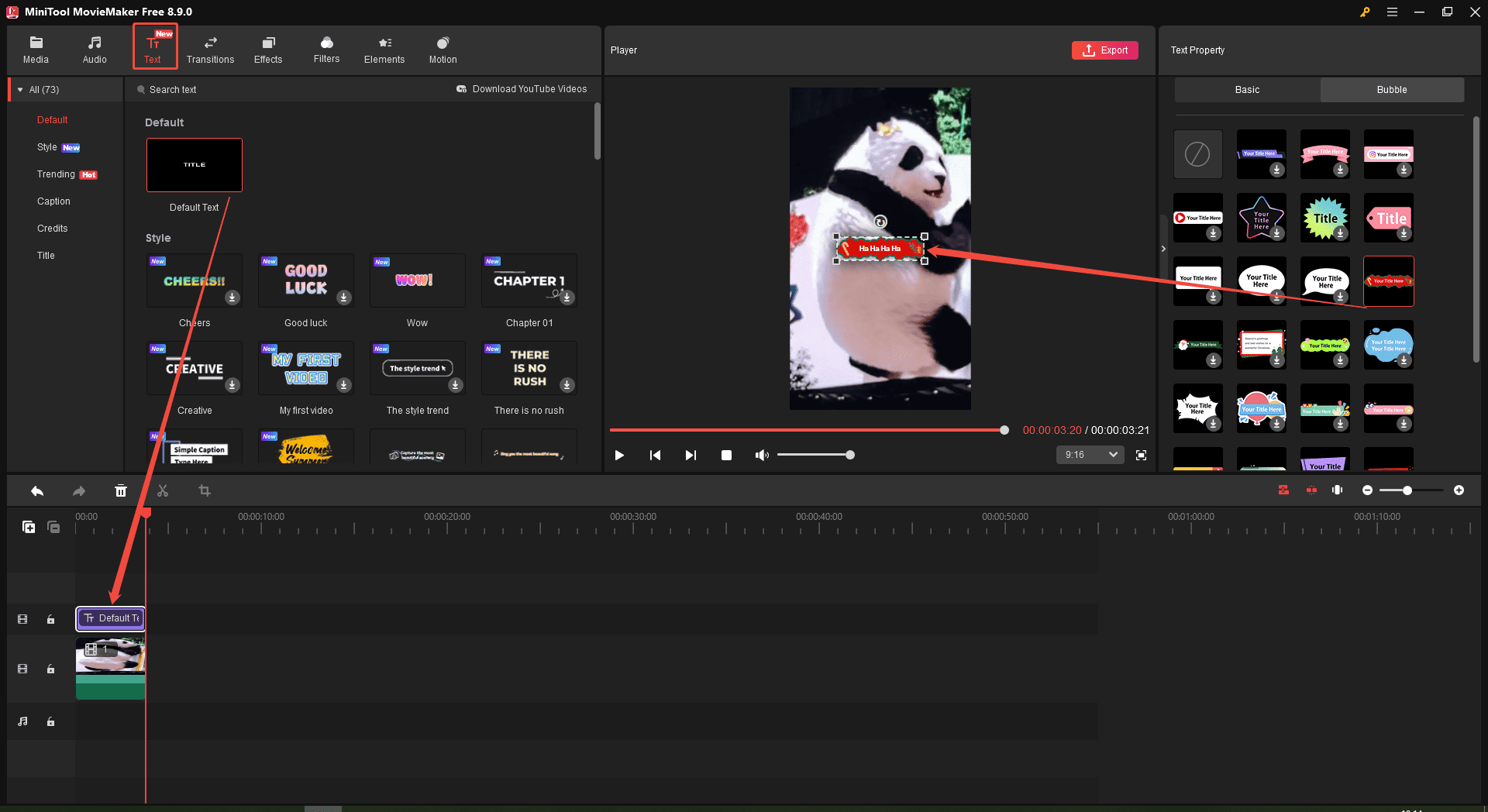 MiniTool MovieMaker interface showing how to add bubble text to a GIF.
