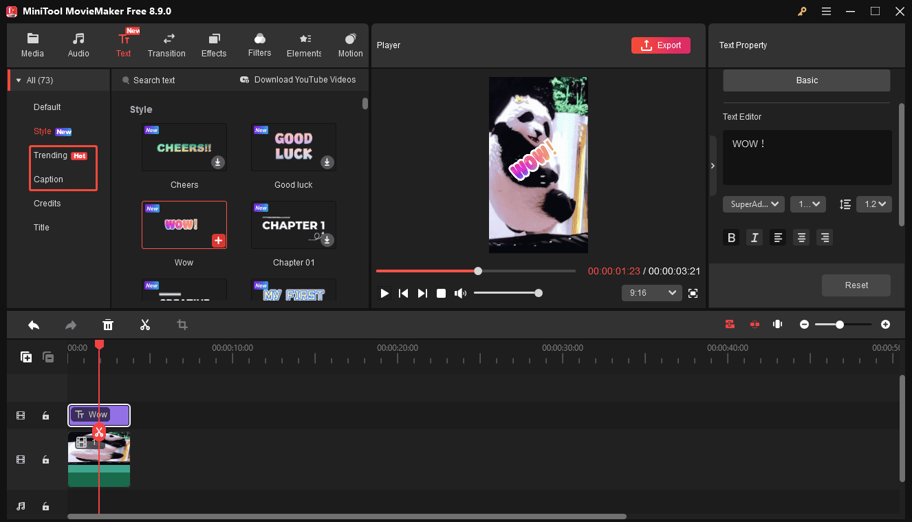 MiniTool MovieMaker interface showing how to add animated captions to a GIF.