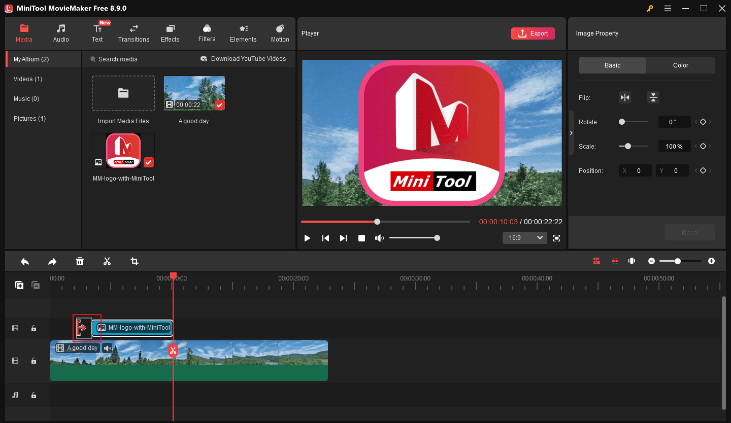 MiniTool MovieMaker interface showing how to change the start time of the logo.