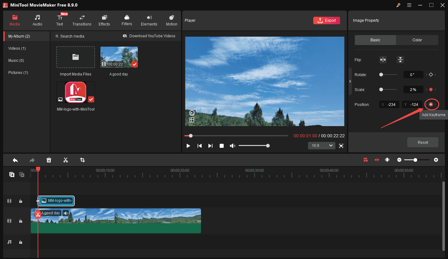 The selected Add keyframe icon next to Position on the right side of the MiniTool MovieMaker interface.