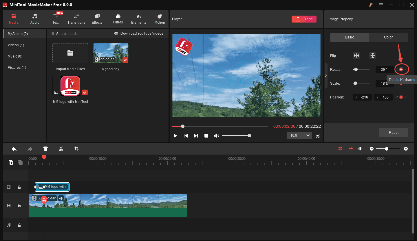 The selected Delete keyframe icon next to Rotate on the right side of the MiniTool MovieMaker interface.