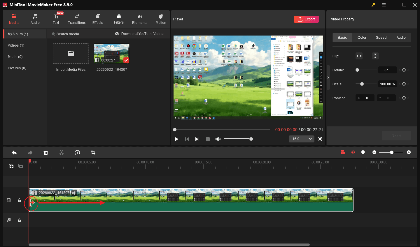 MiniTool MovieMaker interface showing how to trim a video.