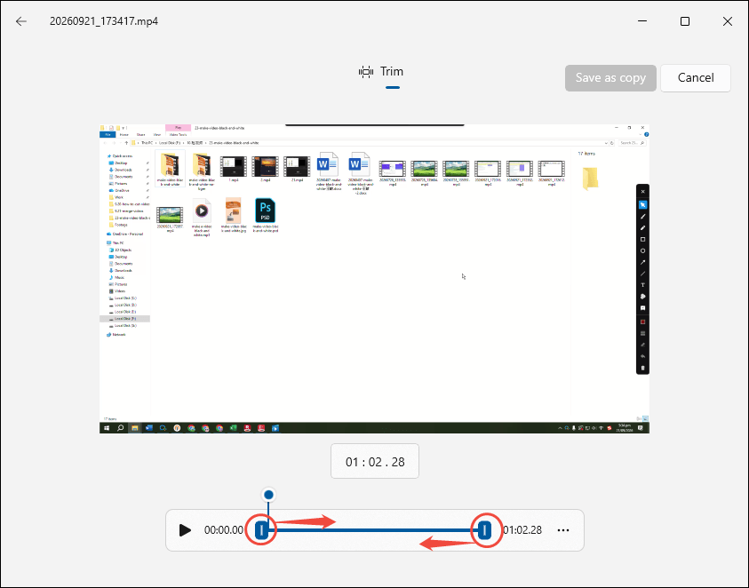 Windows Photos app showing how to trim a video.